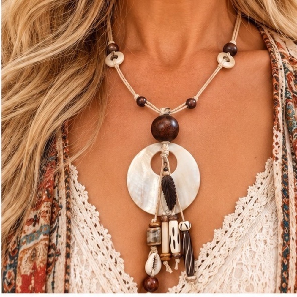 Mother of Pearl Shell Statement Necklace Wood Bone Bead Tassel Adjustable Boho